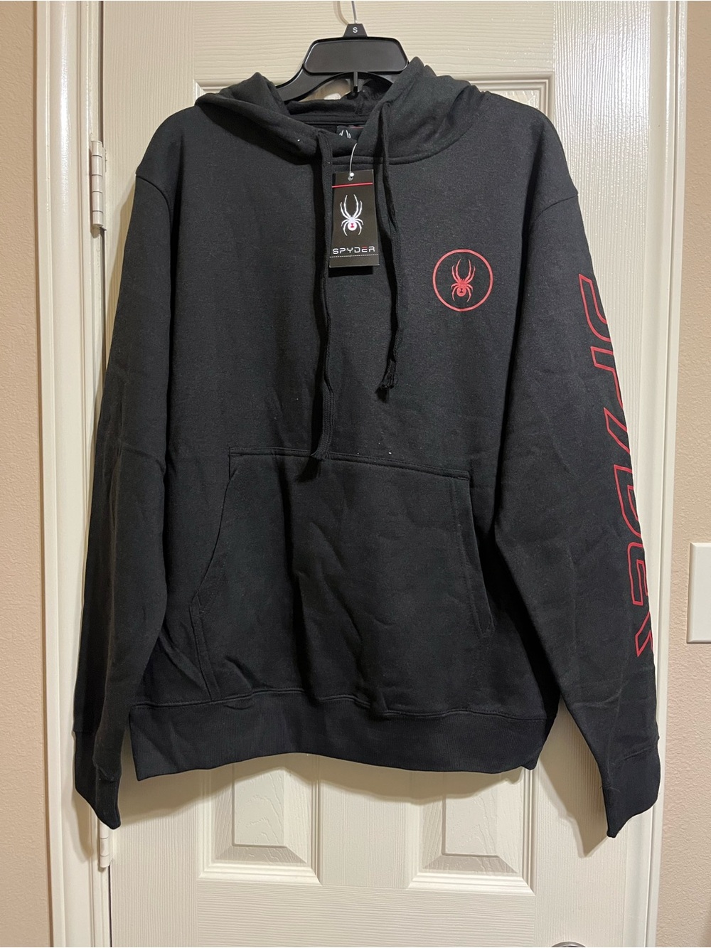 Spyder Black Hoodie with Red Logo and Sleeve Script